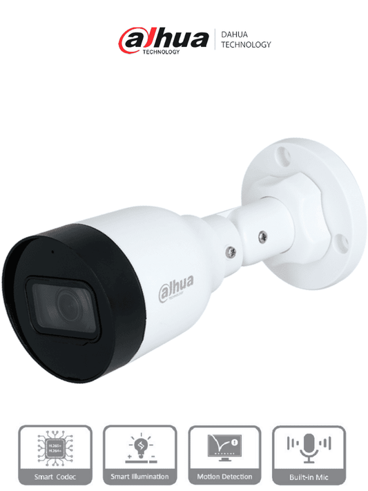 Cámara IP Bullet 2MP Dahua DH-IPC-HFW1230S1P-A-0280B-S6 (Lente 2.8mm, IR 30 m, PoE, IP67, Micrófono)