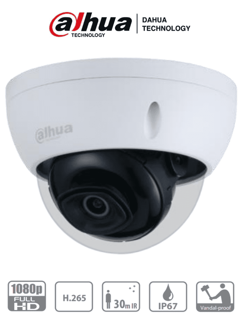Cámara IP Domo 2MP Dahua DH-IPC-HDBW1230EN-0280B-S5 (Lente 2.8mm, IR 30 m, Anti-vandal IK10, IP67)