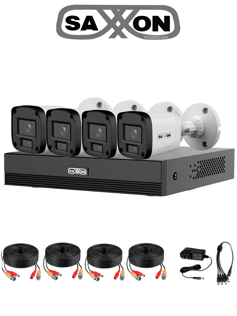 Kit CCTV 4 Canales HDCVI 1080P Saxxon SUA-KIT/XVR1E04-I/4-B20P-0280B (4 Cámaras Bullet 2MP, H.265+, IP67)