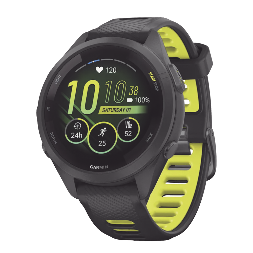 Forerunner® 265S, Bisel y carcasa en negro con correa de silicona en negro/amarillo