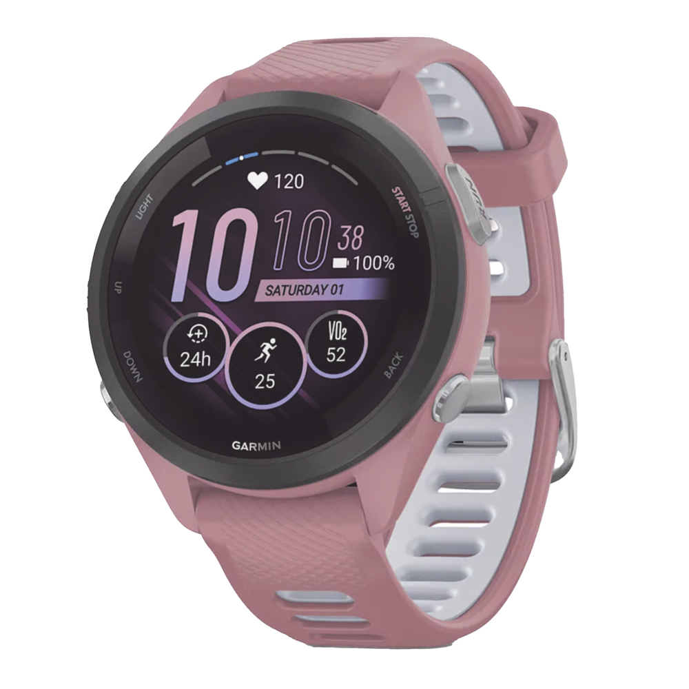 Forerunner® 265S, Bisel negro con carcasa en rosa y correa de silicona en rosa/gris