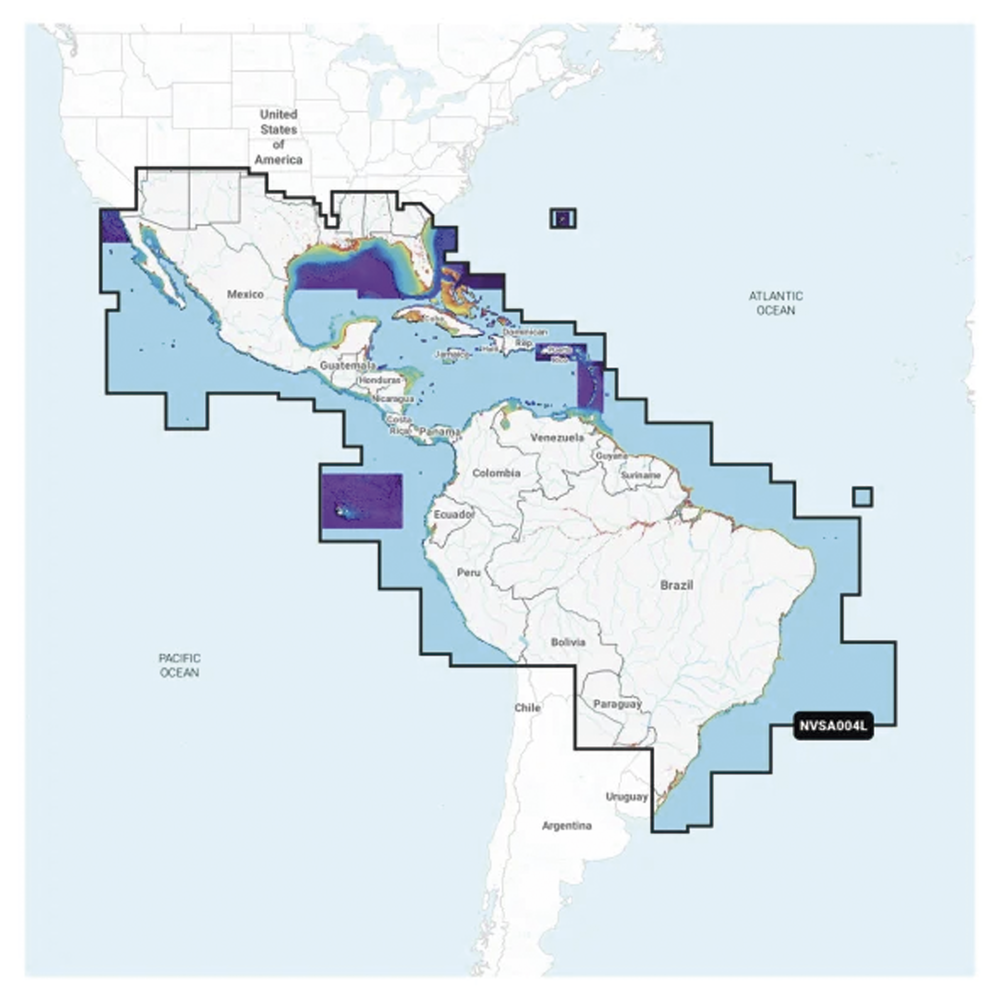 Cobertura Marítima / Costa de México, Centroamérica y Brasil / Incluye Golfo de EE. UU. y Costa Oriental / Bermudas, Bahamas, Cuba, Puerto Rico / Islas Vírgenes, Jamaica, Canal de Panamá / Costa Occidental de Sudam&e