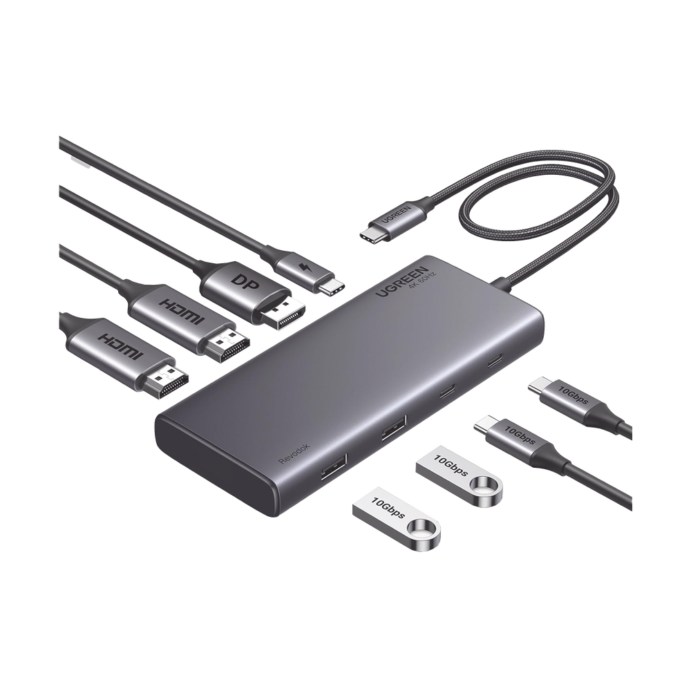 HUB USB-C (Docking Revodok 308) 8 en 1 | 2 Puertos HDMI 4K@60Hz | 1 Puerto DisplayPort 4K@60Hz 2 USB-A 10Gbps) | 2 USB-C (10Gbps) | USB-C PD Carga 100W | Chip de Ultima Generacion | Carcasa de Aluminio.
