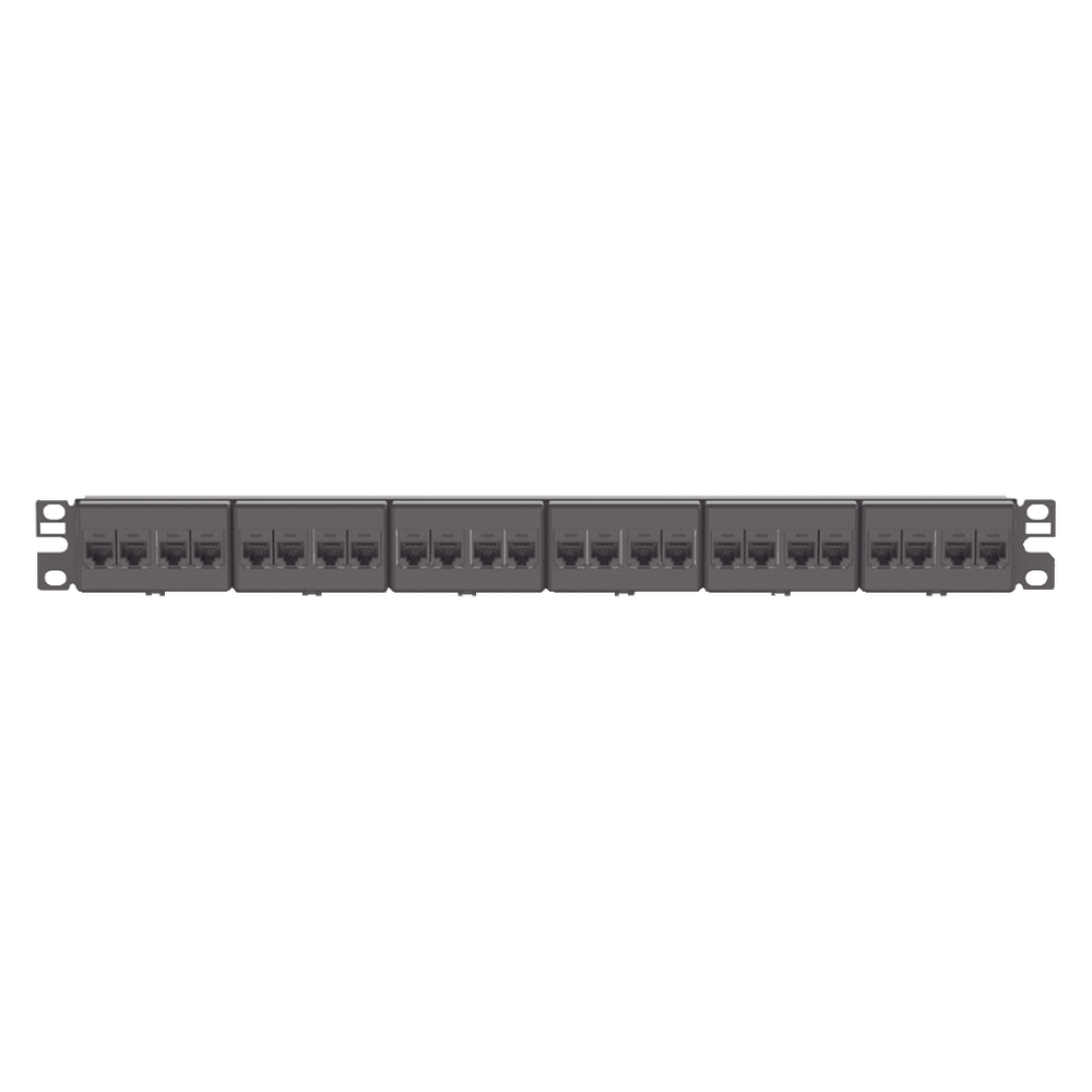 Panel de Parcheo con 24 Acopladores Mini-Com, Plano, Categoría 6, de 1 UR, Color Negro