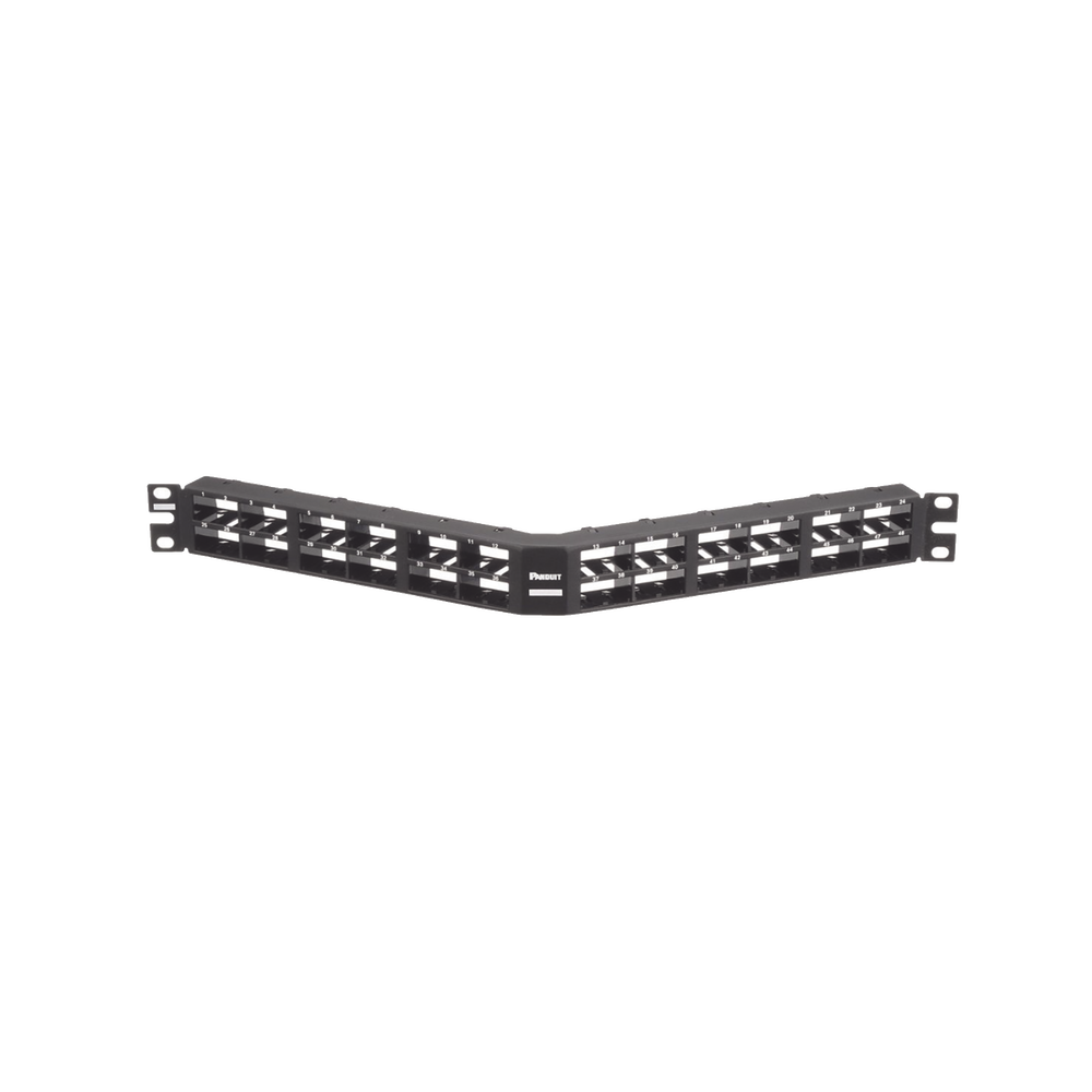 Panel de Parcheo Modular Mini-Com (Sin Conectores), Angulado, Sin Blindaje, Alta Densidad, de 48 Puertos, 1UR