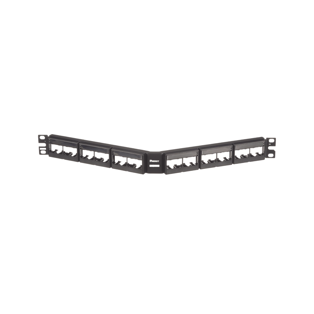 Panel de Parcheo Modular Mini-Com (Sin Conectores), Angulado, Sin Blindaje, Con Etiqueta y Cubierta, de 24 Puertos, 1UR