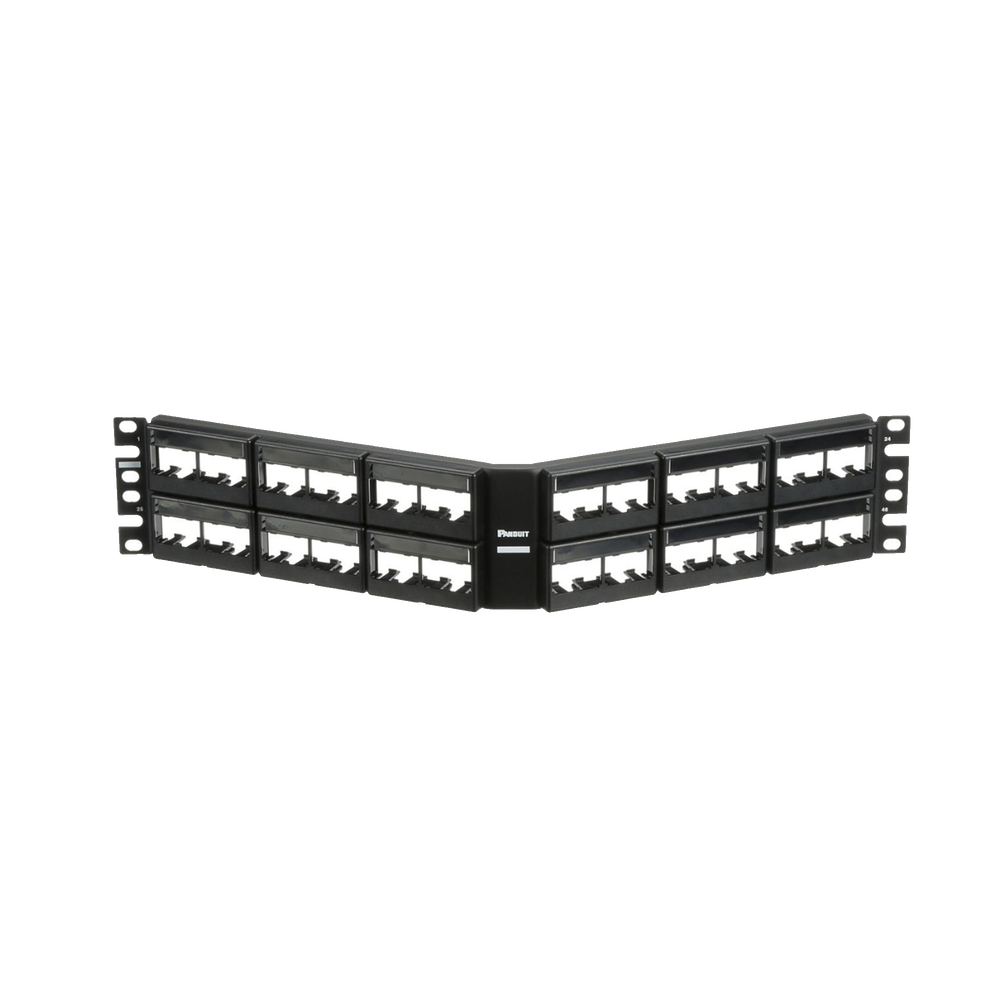 Panel de Parcheo Modular Mini-Com (Sin Conectores), Angulado, Sin Blindaje, Con Etiqueta y Cubierta, de 48 Puertos, 2UR