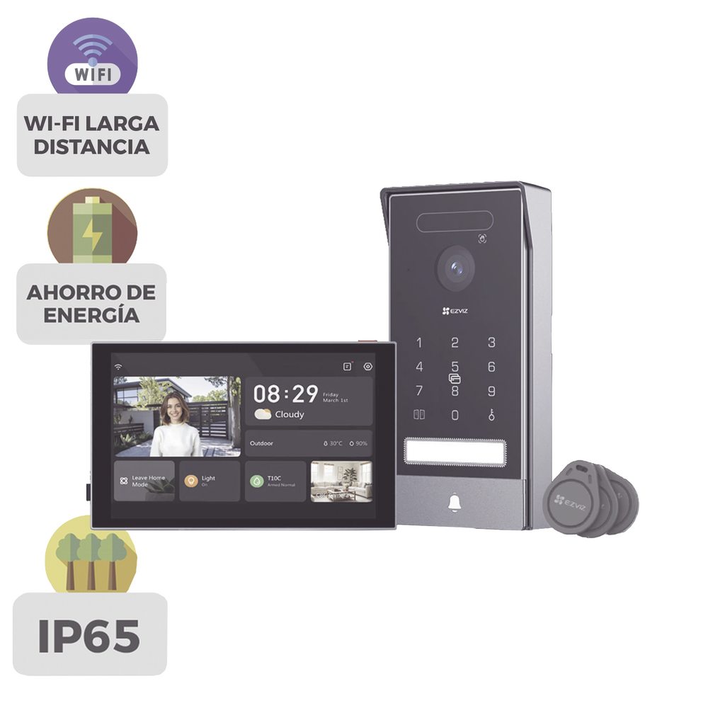 Video Portero Conexión a 2 Hilos Entre Monitor y Frente de Calle / Wi-Fi 6 Dual Band 2.4 y 5GHz con Cámara 4K / Reconocimiento de Venas de Palma / Reconocimiento Facial / Visión Nocturna en Color / IP65 Exterior Con Protección