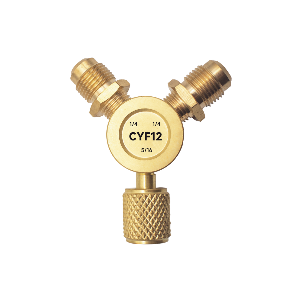 Conector Y CYF12 para Sistemas de Refrigeración / 2 Entradas 1/4" Macho Flare / 1 Salida 5/16" Hembra Flare / Recuperación Rápida y Evacuación / Material Metálico Resistente