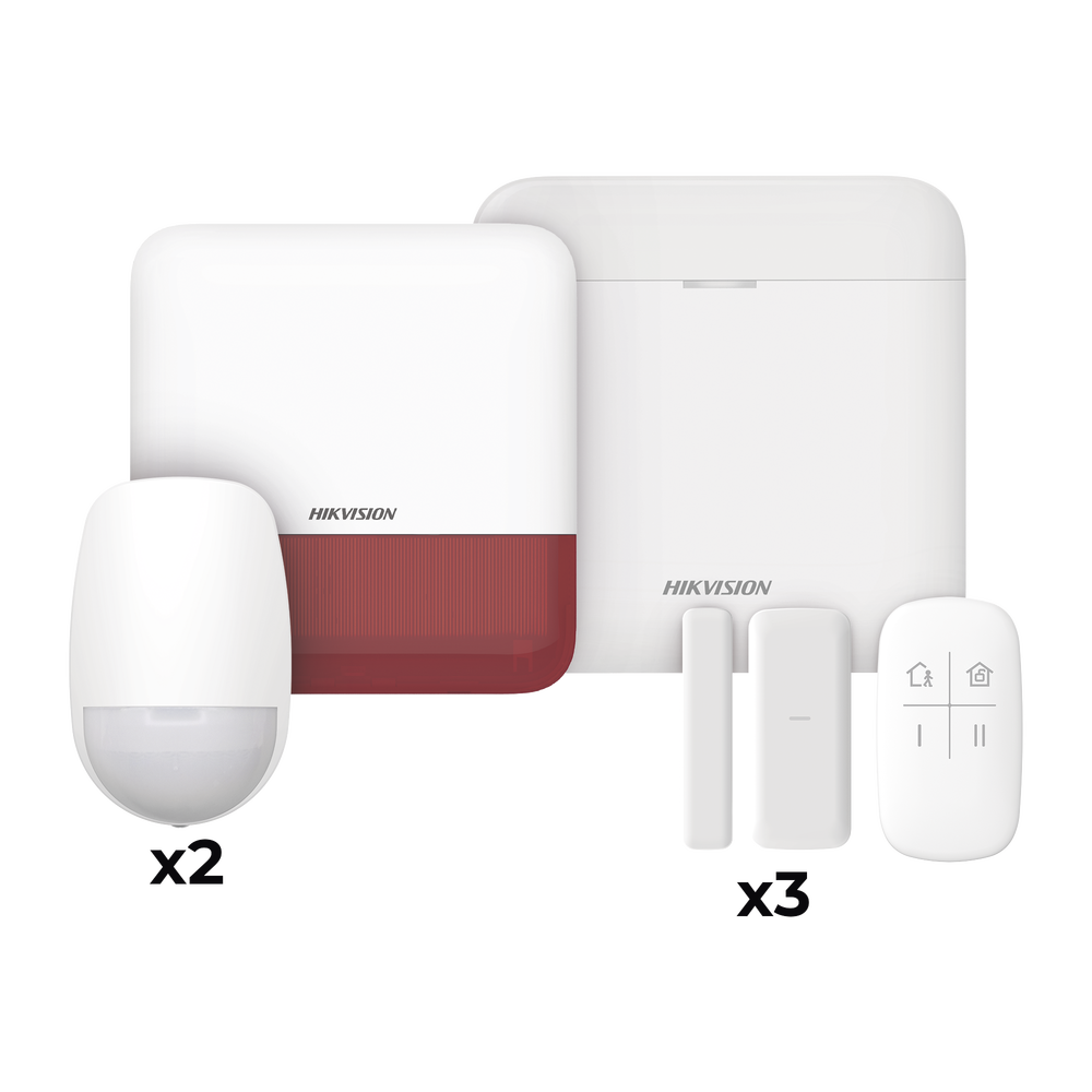 (AX PRO) KIT de Alarma AX PRO / Incluye: 1 Hub con batería de respaldo / 2 Sensores PIR / 3 Contactos Magnéticos mini / 1 Control Remoto / 1 Sirena Inalambrica Exterior color rojo  / WiFi / Compatible con Hik-Connect P2P