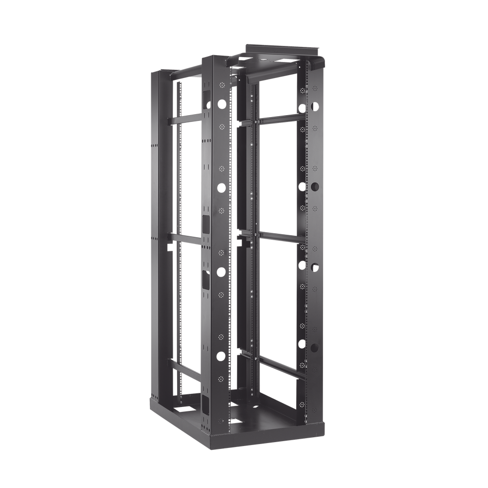 Rack Abierto Sísmico de 4 Postes Estándar de 19 in / 45U / 2.19 m (7.2 ft) de Altura / Capacidad 2,500 lb (1,134 kg) / Acero 3.4 mm / Certificación NEBS Zona 4 y OSHPD / Negro RAL 9005