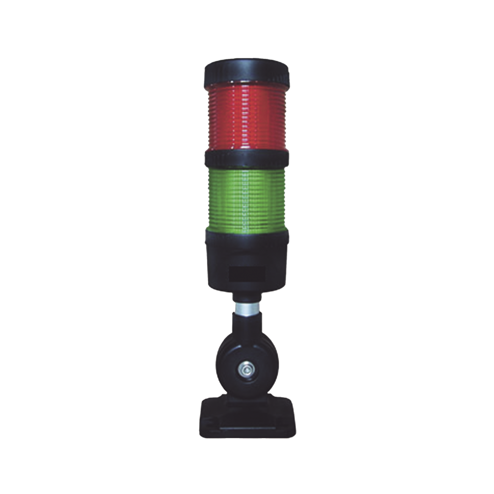 Torre LED Indicadora de estado de 2 niveles color Rojo y Verde, con Buzzer integrado a 85 dB, a 110-240 VCA con Montaje incluido de 60 mm de diámetro