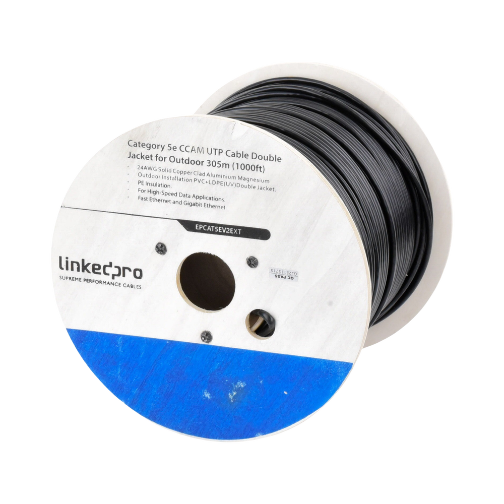 Bobina de Cable de 305 Metros (1000 Pies) Cat5e, Aleación de Cobre y Aluminio (CCA), Color Negro, Uso Intemperie, Doble Forro
