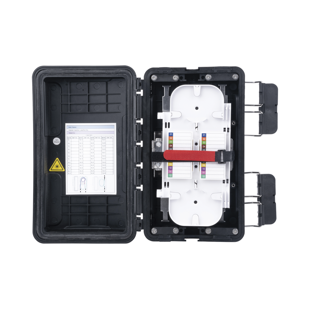 Caja de Distribución de Fibra Óptica, Hasta 96 Empalmes, Exterior IP65, Color Negro