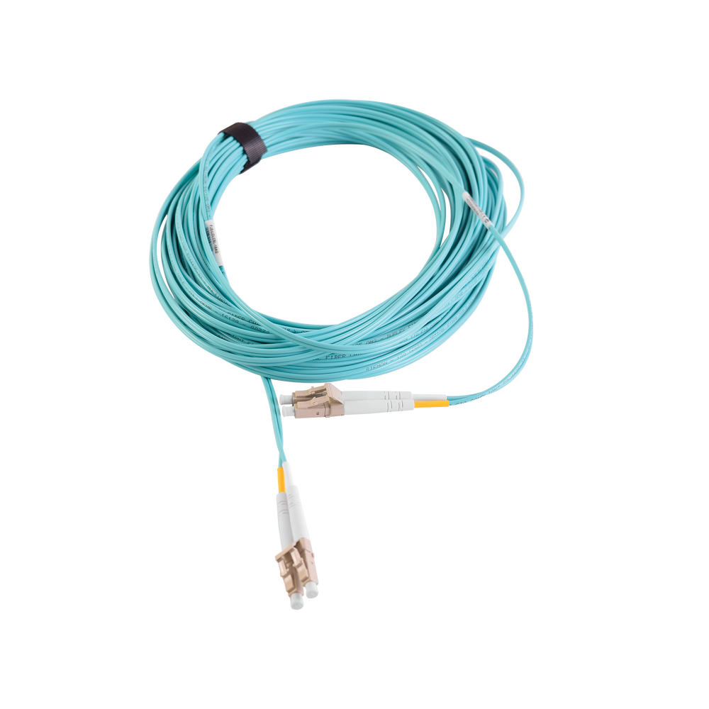 Jumper de Fibra Óptica Multimodo 50/125 XGLO OM3, LC-LC Duplex, OFNR, Color Aqua, 15 Metros (49.21 Pies)