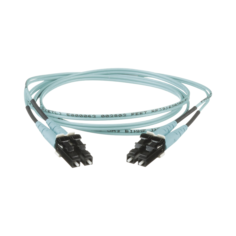 Jumper de Fibra Optica Multimodo 50/125 OM3, LC-LC Duplex, OFNR (Riser), Color Aqua, 8 Metros (26.25 Pies)