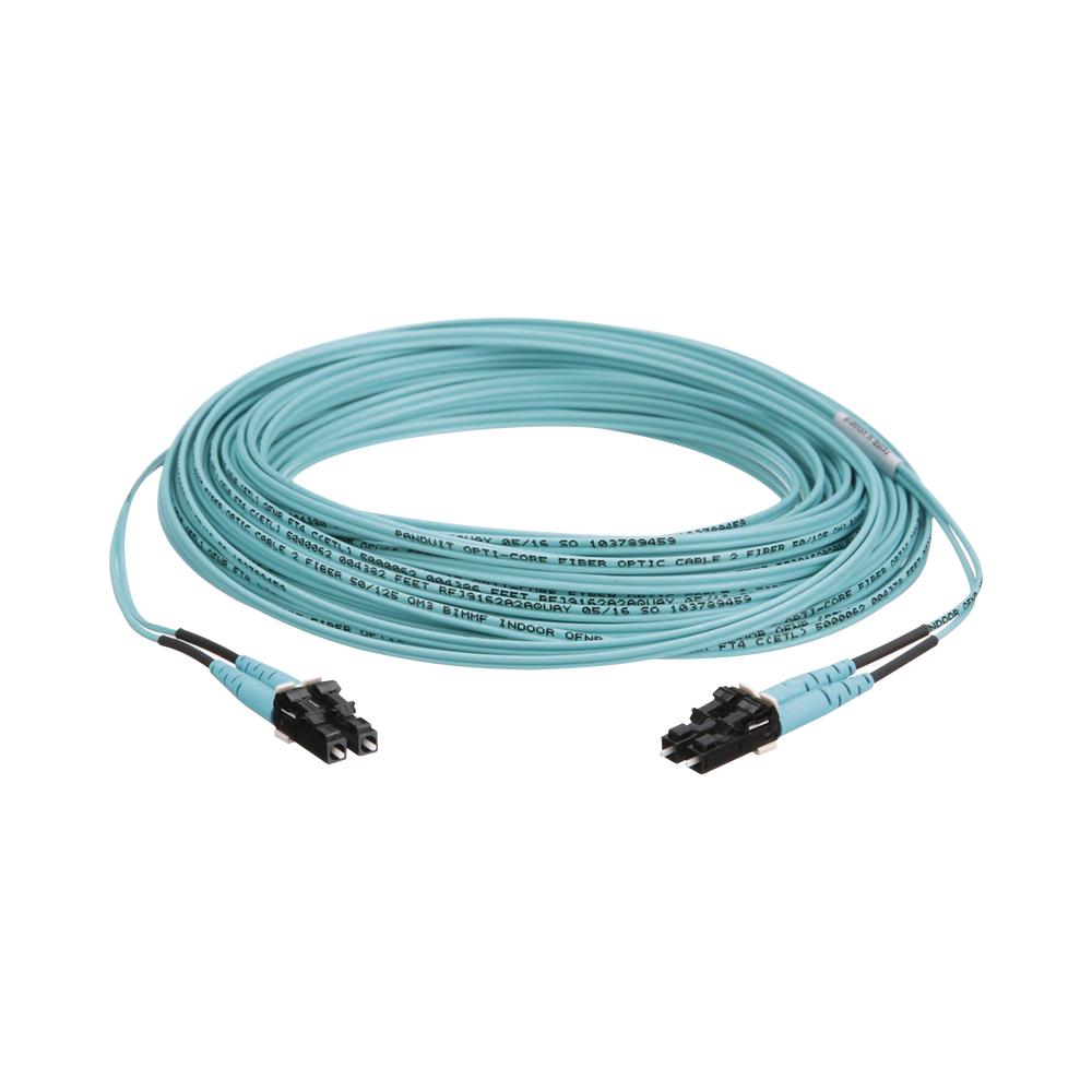 Jumper de Fibra Optica Multimodo 50/125 OM3, LC-LC Duplex, OFNR (Riser), Color Aqua, 10 Metros (32.81 Pies)