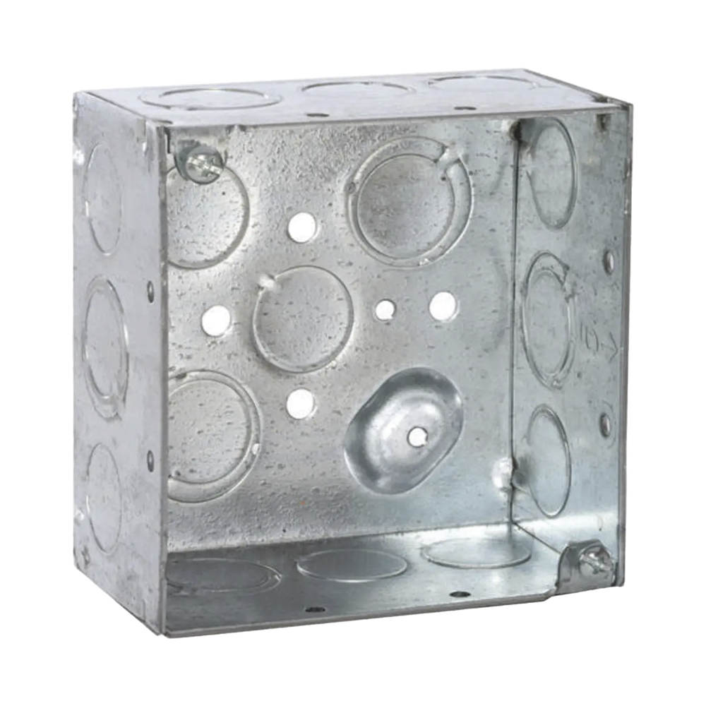 Caja Cuadrada Galvanizada de 4" x 4", profundidad de 2 1/8". Cuenta con 10 KO de 1/2" y 6 TKO (1/2" - 3/4"))