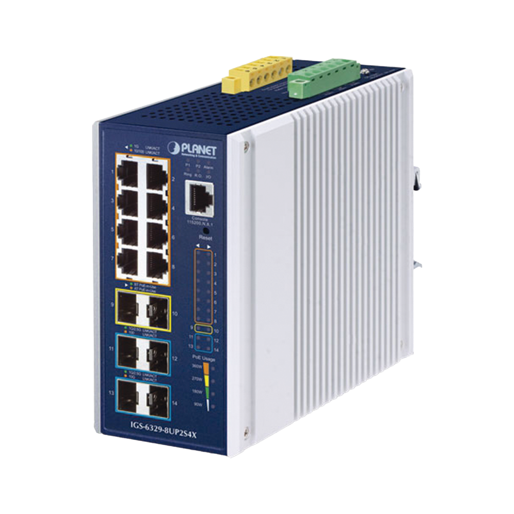 Switch Industrial Capa 3 de 8 Puertos 10/100/1000T PoE 802.3bt, 2 Puertos SFP 1 G/2.5 G, 4 Puertos SFP 10G, Instalación en Pared o Puerto DIN.