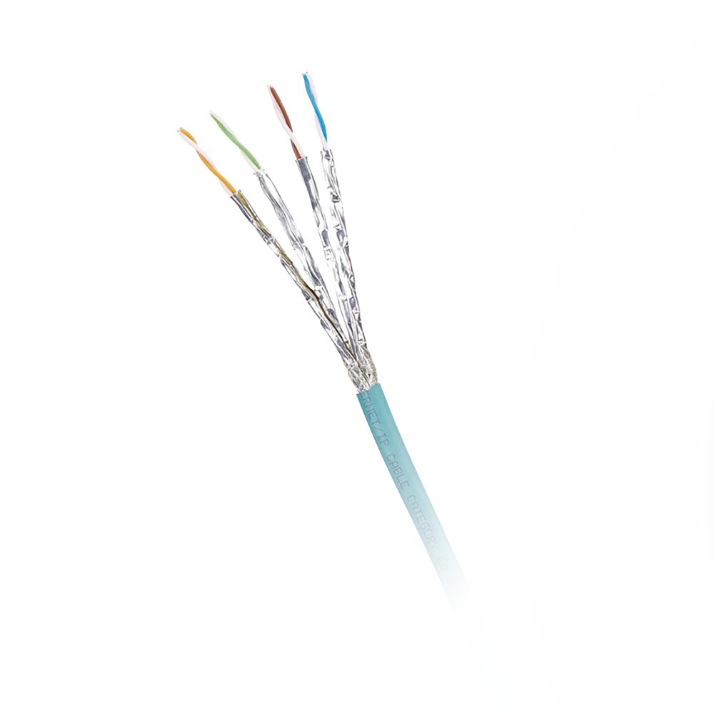 Bobina de Cable Blindado S/FTP Categoría 6A, Uso Industrial con Resistencia al Aceite, Rayos UV y Abrasión, Multifilar (Flexible), Color Azul Cerceta, Bobina de 500 Metros (1640 Pies)