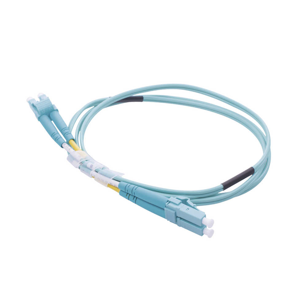 Jumper de Fibra Óptica Multimodo OM4 50/125 LC-LC OFNR (Riser), 2.0 mm, Dúplex, Aqua, 1 metro (3.28 pies)