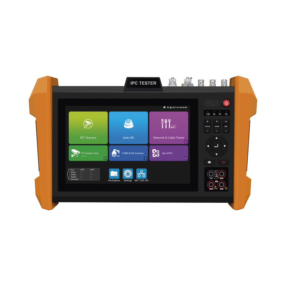 Probador de Vídeo con Pantalla LCD de 7" para IP ONVIF / 8MP TVI + 8MP CVI + 8MP AHD + SDI/EXâ€SDI + Multímetro + Cable TDR / Prueba de Red de Fibra Óptica + Medidor de Distancia Laser + Cámara Integrada