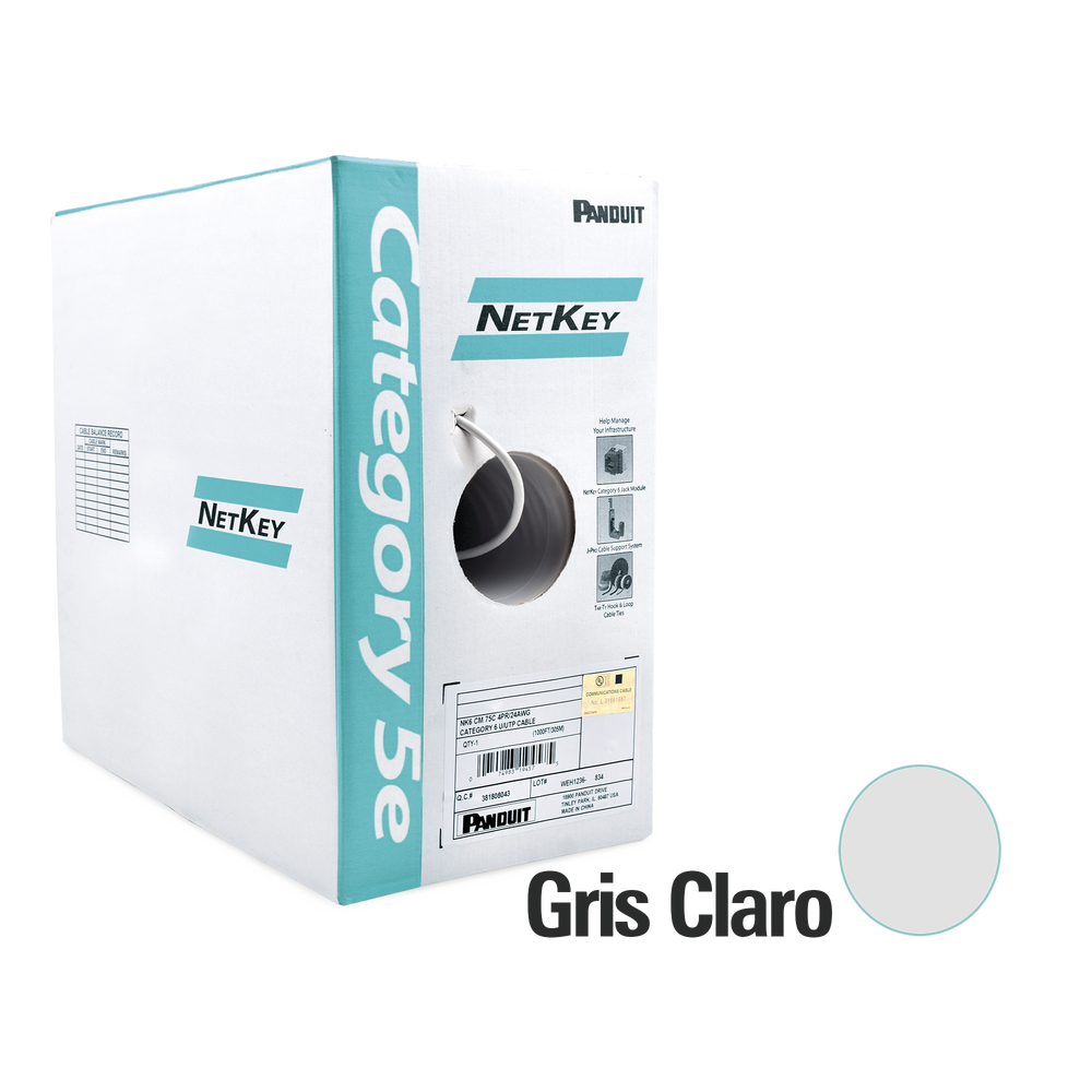 Bobina de Cable UTP 305 Metros (1000 Pies) de Cobre, NetKey, Gris Claro, Categoría 5e (24 AWG), Riser (CMR), de 4 Pares