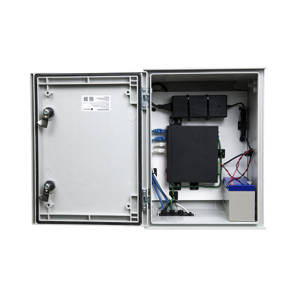 KIT de Gabinete de Poliéster (300 x 400 x 200 mm) + Controlador de Carga con Switch PoE (5) + Batería de 12V 7Ah
