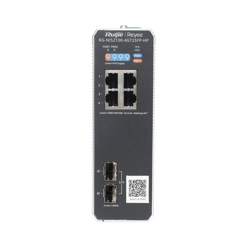 Switch Industrial PoE+ hasta 180 watts , Ideal para temperaturas Extremas y protección contra descargas, 1 puerto PoE++ 60W y 3 puertos PoE+ 30W, 2 SFP Uplink