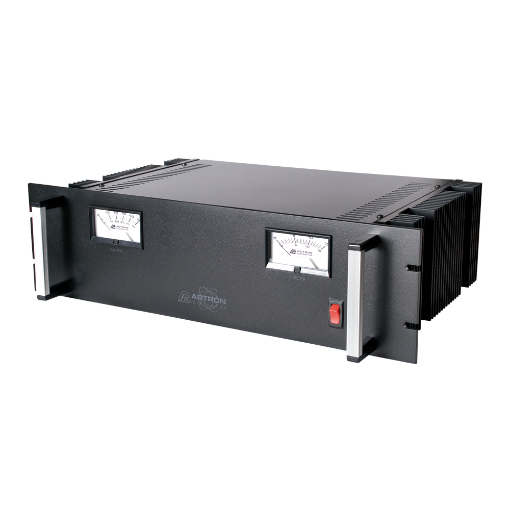 Fuente de poder 13.8Vcc, 50A, lineal regulada con circuito cargador de baterías, medidores, para instalación en rack