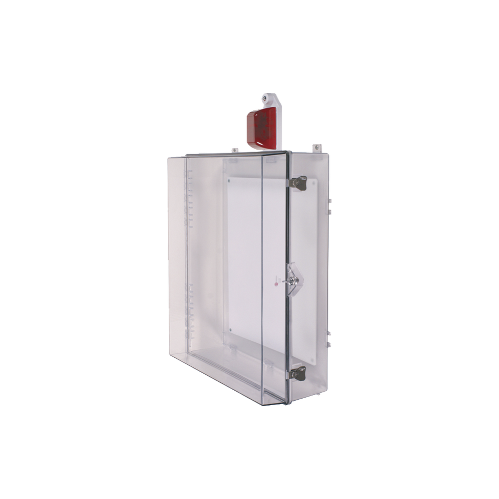 Gabinete Grande de Policarbonato Transparente Súper Resistente con Sirena/Estrobo y Cerradura con Llave