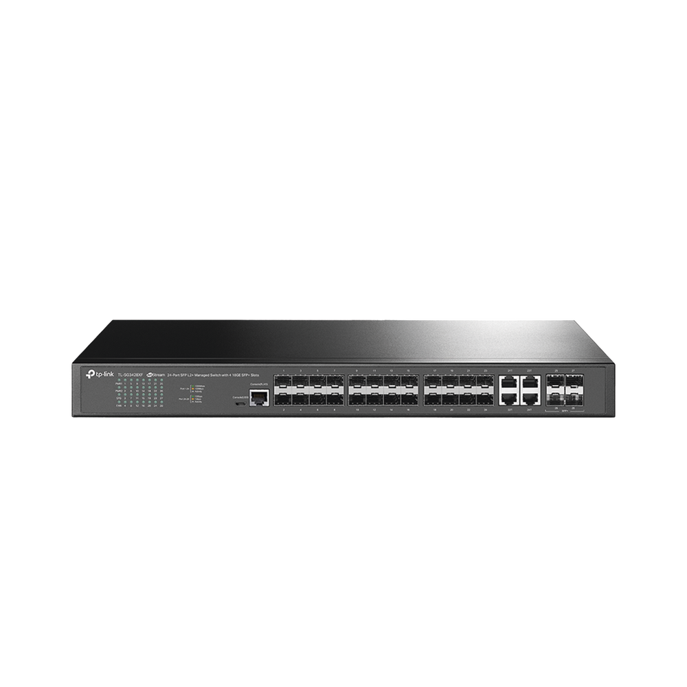 Switch de Fibra Óptica L2+ Omada / 24 puertos SFP 1GE / 4 Puertos Combinados SFP+/RJ45 Gigabit / 2 Puertos Consola RJ45|micro-SUB / Administración Centralizada Omada o Stand-Alone / Compatile con IPv6 /  Multicast IGMP