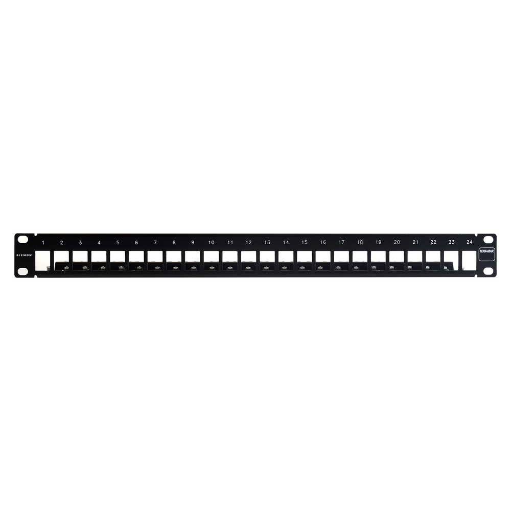 Patch Panel TERA-MAX Blindado de 24 Puertos, Modular (Vacío), Plano, Color Negro, 1UR