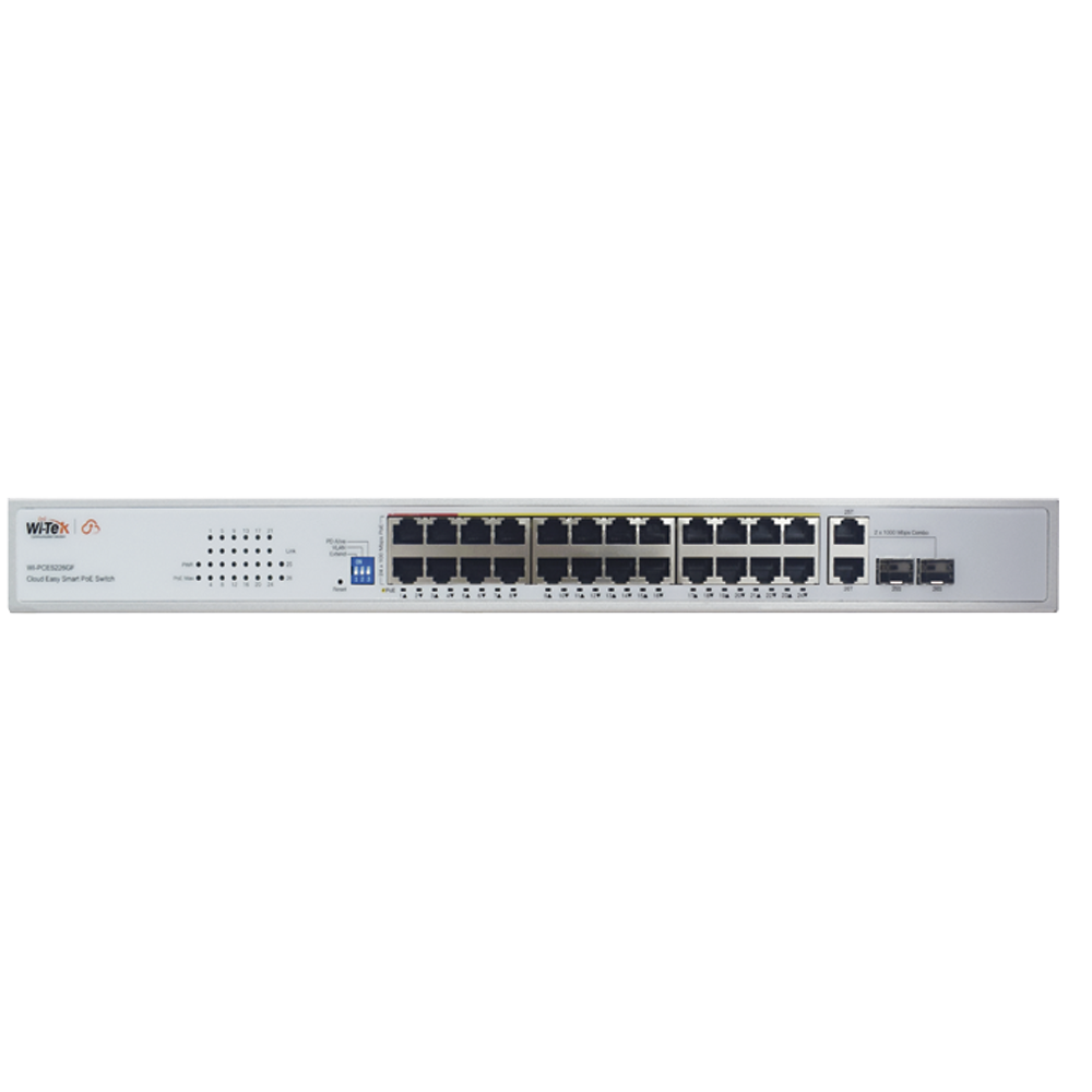 Switch PoE (802.3af/at/bt) / No administrable de largo alcance / Hasta 250m / Con 24 x 10/100Mbps + 2 x SFP Gigabit Combo / 250 W