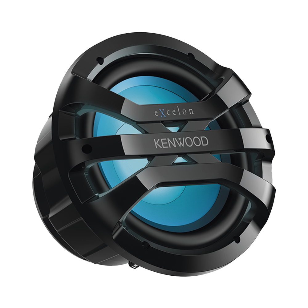 Subwoofer excelon motorsport de 10" fabricado en rejilla color negro, cuenta con iluminación Led ajustable vía RF