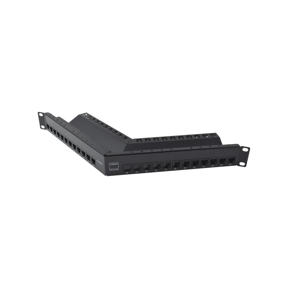 Patch Panel Z-MAX de 24 Puertos, Blindado, Precargado con Jacks Categoría 6A, Angulado, 1UR