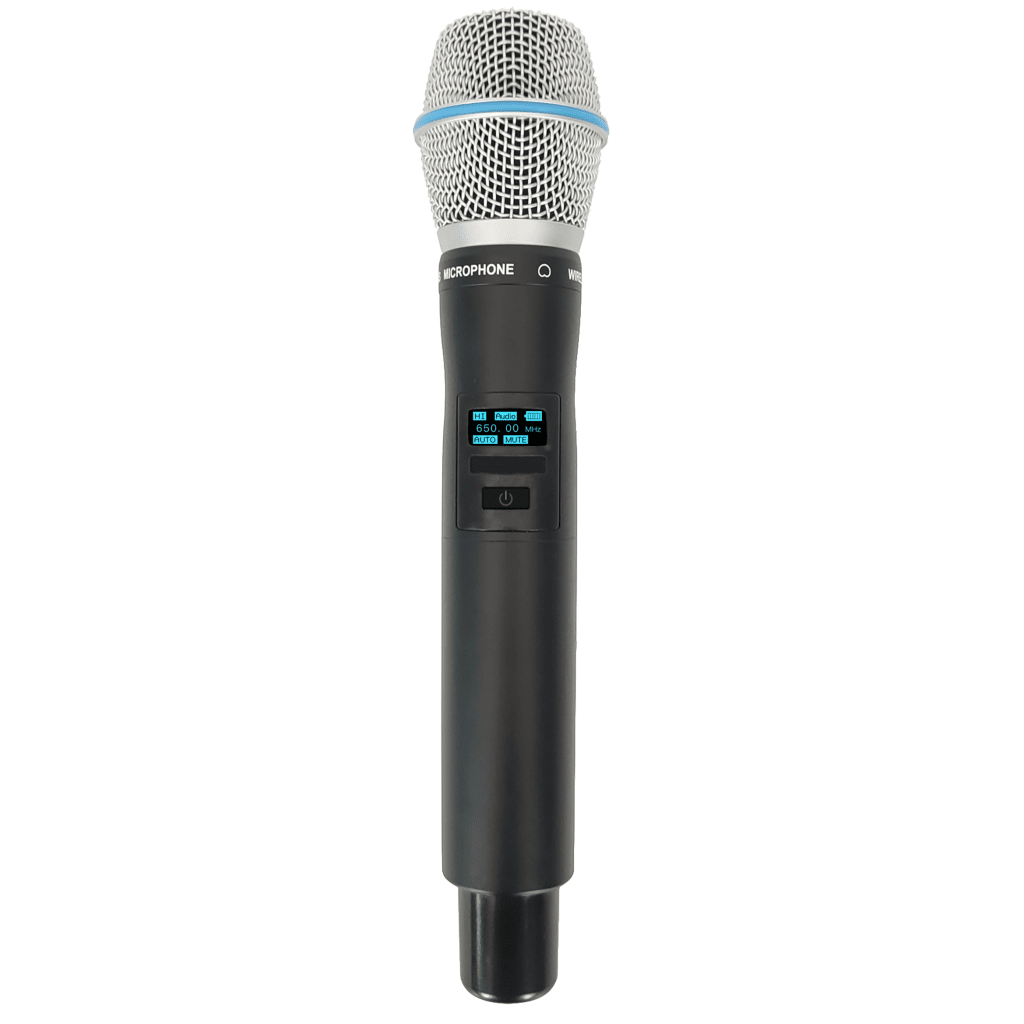 Micrófono Mano Inalámbrico EP-59H | Rango Frecuencia 470-510MHz, 540-590MHz, 640-690MHz, 807-830MHz | Potencia Salida ≥10dBm | Autonomía >10 Horas | Mute Automático por Caída | Display OLED | 7 Niveles Potencia Aju
