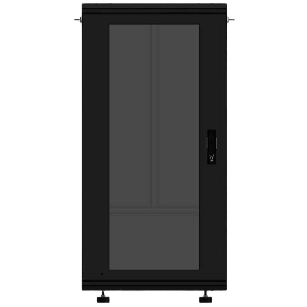 Gabinete Rackeable 19 Pulgadas / 24 Unidades / Piso / Puerta de Cristal / Acero Calibres 16-18-20 / Capacidad 750 Kg / Dimensiones 600x605x1190 mm (23.6x23.8x46.9 in) / Ventilación 120 mm / Cerradura