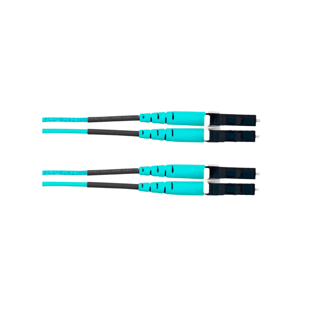 Jumper de Fibra Óptica Multimodo 50/125 OM4, LC-LC Duplex, OFNR (Riser), Color Aqua, 40 Metros (131.23 Pies)