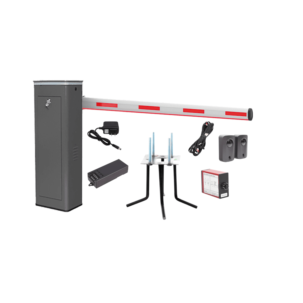 Kit COMPLETO Barrera Derecha XBF Con Corona LED / Brazo Iluminado de 3M / Incluye Sensor de Masa, Transformador, Lazo Magnético, Ancla, Fotoceldas y 2 Controles Inalámbricos