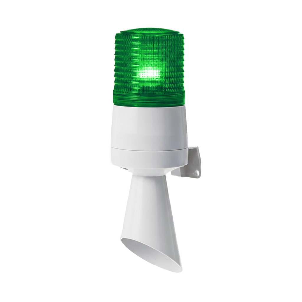 Luz LED con patrones de destello fijo y destellante con buzzer incorporado de alto volumen Máx. 95 dB color Verde 24 VCD