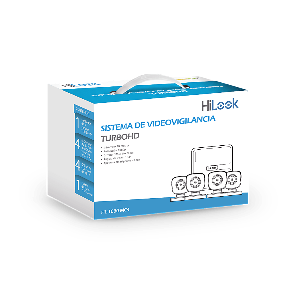 KIT TurboHD 1080p / DVR 4 canales / 4 Cámaras Bala de Metal / H.265+ / 1 Fuente de Poder Profesional / Accesorios de Instalación