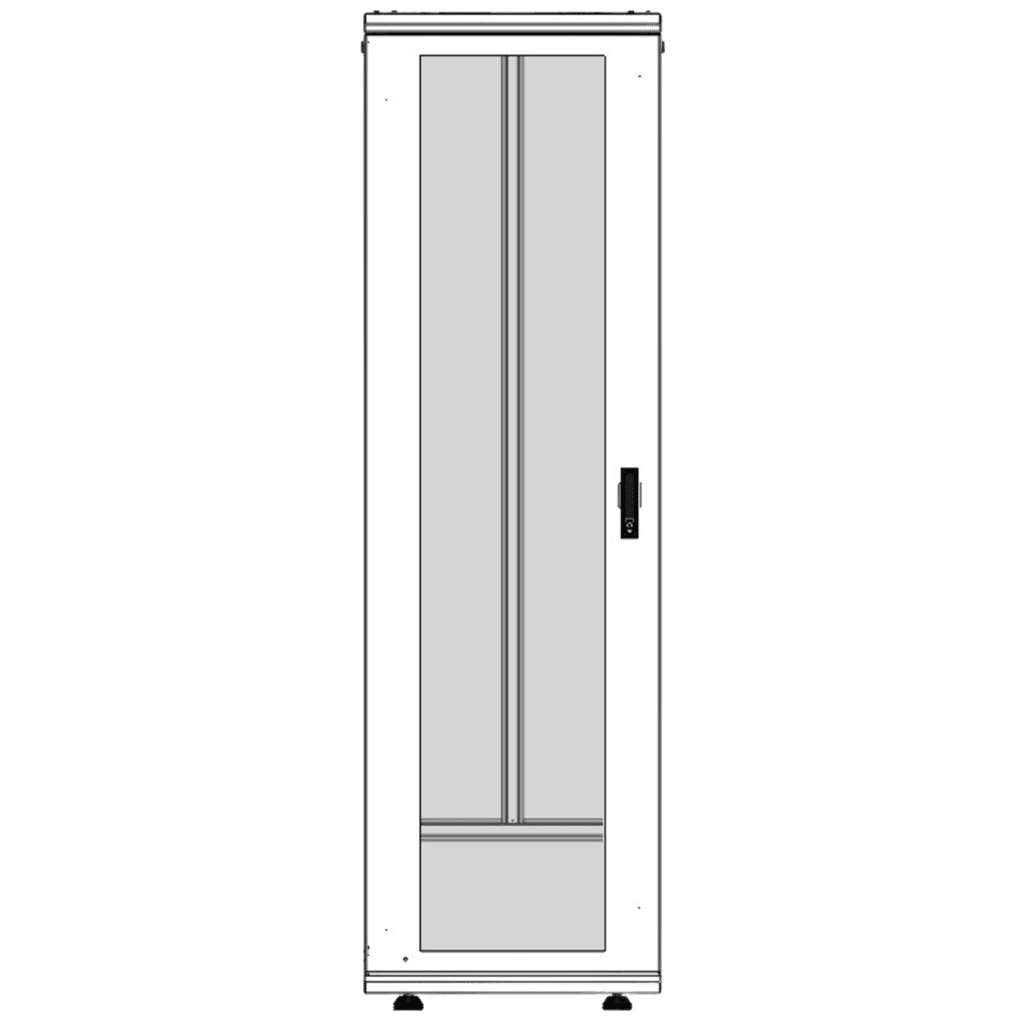 Gabinete Rack 42 Unidades / Piso 19 Pulgadas / Puerta Cristal Templado / Capacidad Carga 1000 Kg / Acero Calibres 16-18-20 / Ventilación Superior / Ruedas y Niveladores / Cerradura Seguridad