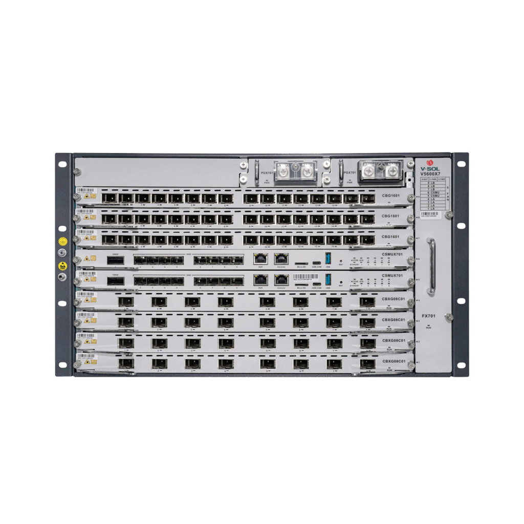 OLT Modular tipo Chasis GPON/XGS-PON Combo, 7 Ranuras de Servicio, Incluye 1 Tarjeta de Servicio de 16 puertos GPON