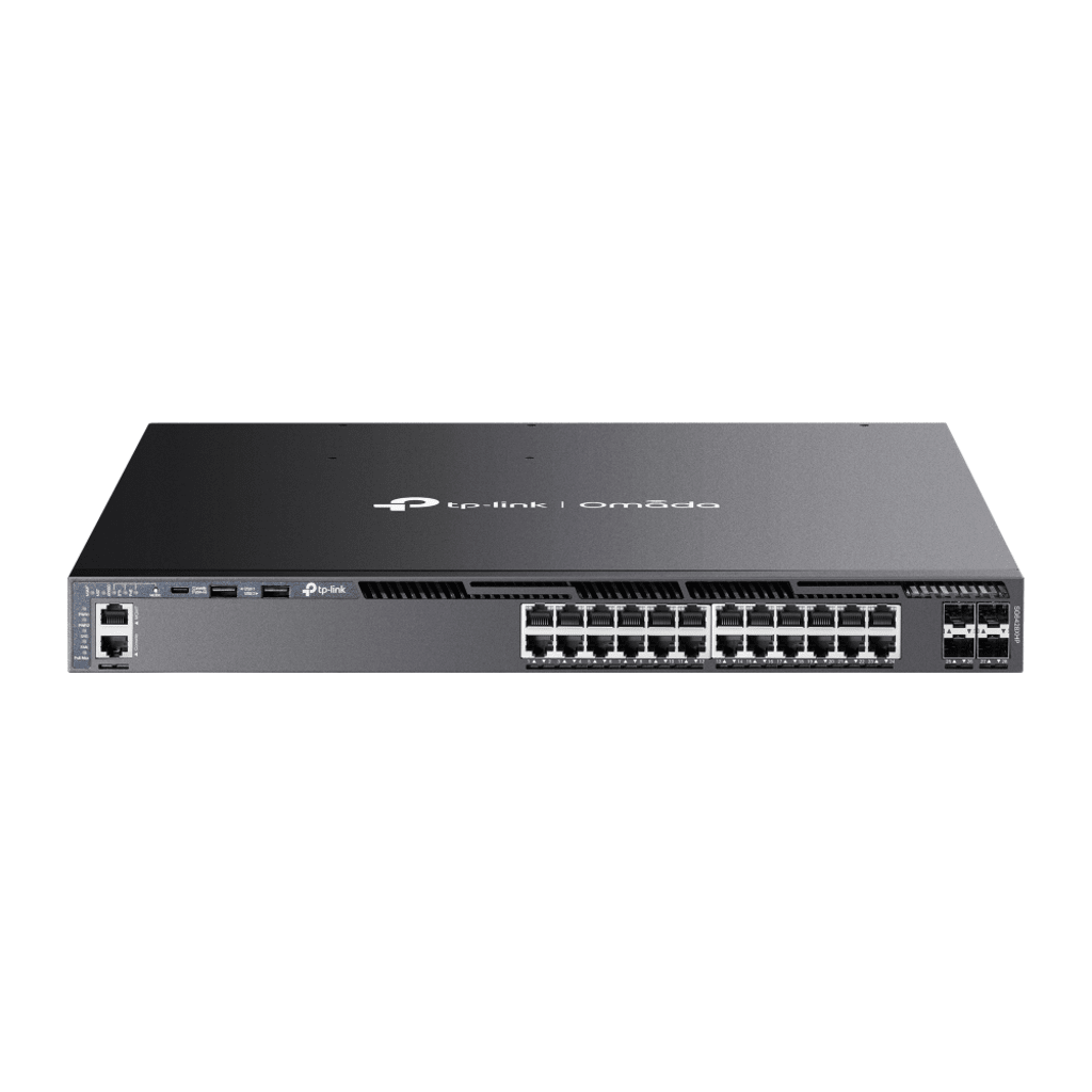 Switch Omada L3 SDN Administrable / 24 puertos PoE af/at Gigabit y 4 puertos SFP+ / Presupuesto PoE 720W / Funciones RIP, VRRP, Servidor DHCP / Administración centralizada OMADA / Fuente Redundante