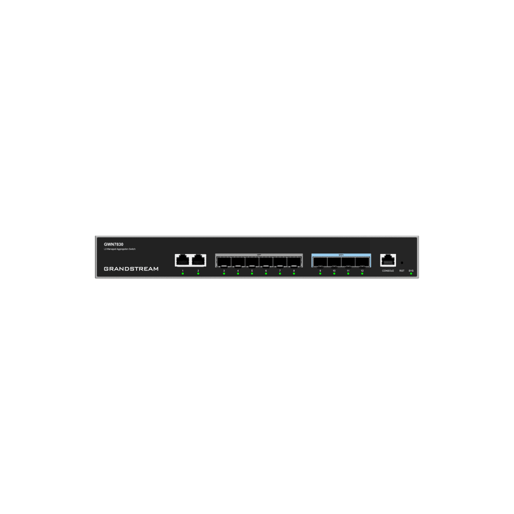 Switch de Agregación Capa 3 GWN7830 / 2 Puertos Gigabit Ethernet / 6 Puertos Gigabit SFP / 4 Puertos 10Gigabit SFP+ / QoS Integrada / Soporte IPv6 e IPv4 / Seguridad Avanzada / Stacking /