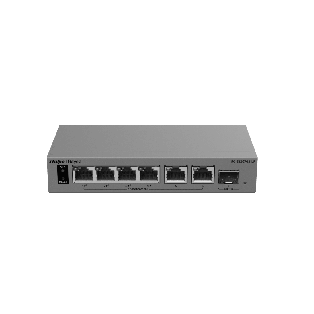 Switch Capa 2 Smart Cloud Managed / 7 Puertos Gigabit / 2 PoE++ 802.3bt + 2 PoE+ 802.3at / 1 Puerto SFP 1GE / Presupuesto PoE 120 W / Protección contra Sobretensiones 6 kV / PoE Permanente / Gestión en la Nube Ruijie Cloud / Gabinete Met&