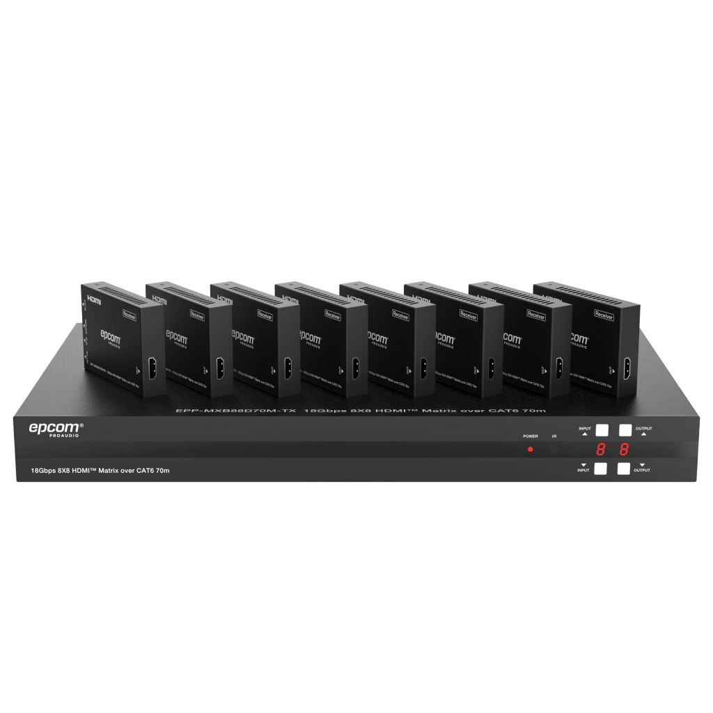 Matriz HDMI 8x8 | 4K@60Hz 4:4:4 | 8 Salidas HDMI + 8 CAT | Extensión hasta 70 m | Audio HD | Control IR/LAN/RS-232/Web GUI