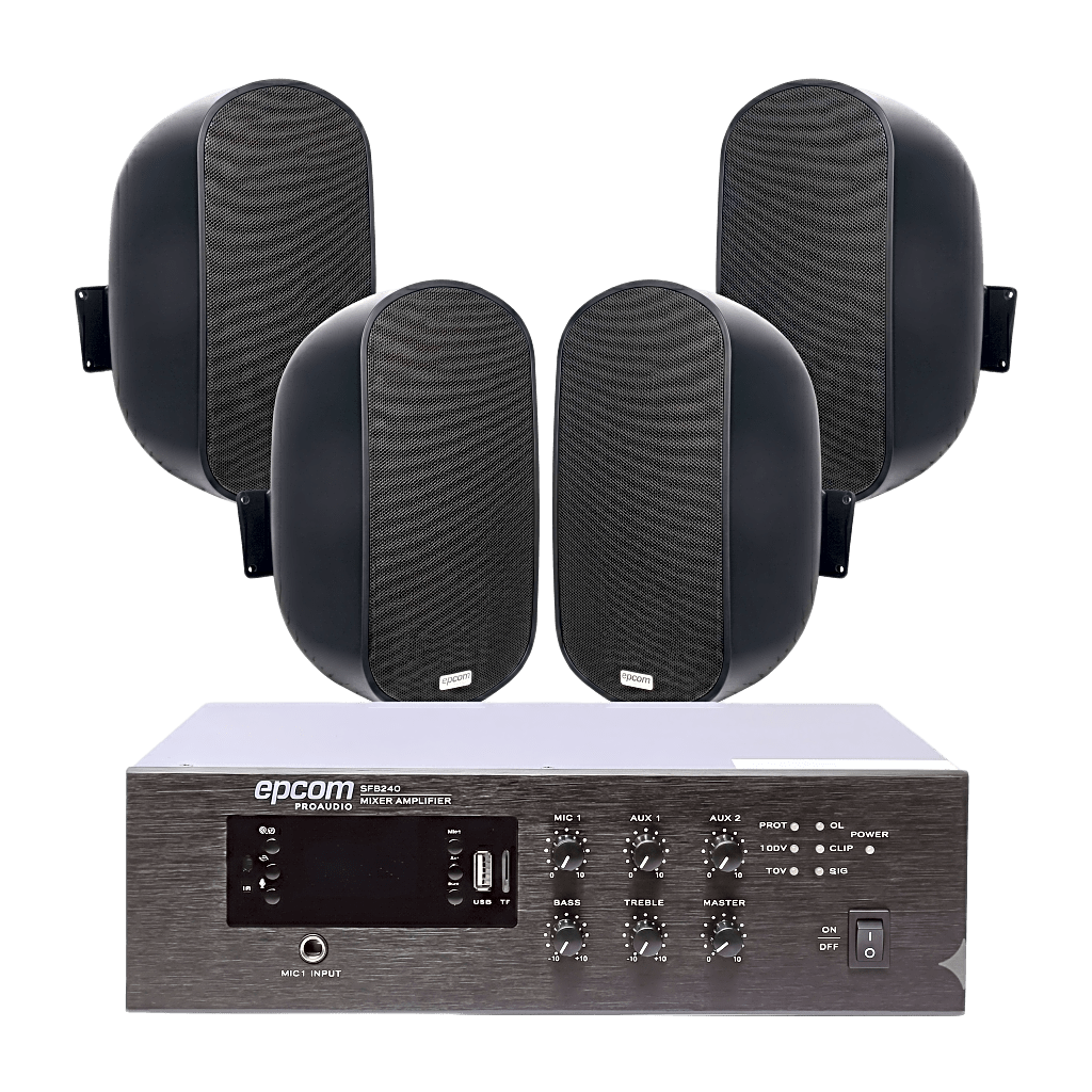 KIT de Amplificador de 240W para Escritorio | 4 Altavoces de Pared color Negro 3W - 50W | Sistema 70/100V